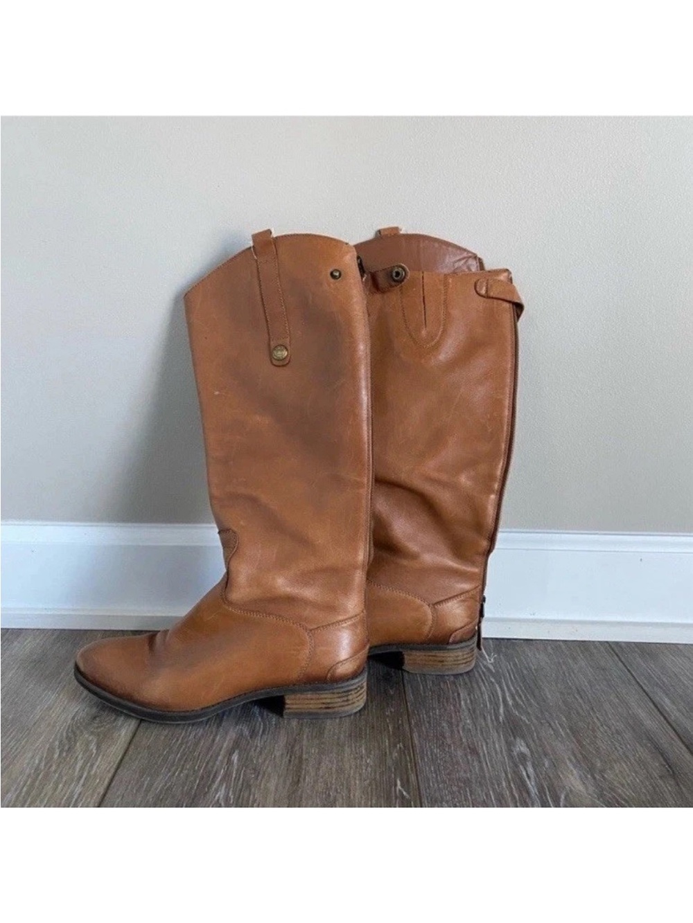 Same Edelman Classic Tall Leather Riding Boots in Cognac Brown